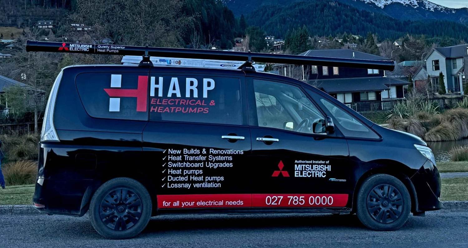 The Harp Electrical and Heatpumps van, a Mitsubishi Electric authorised installer, in North Canterbury